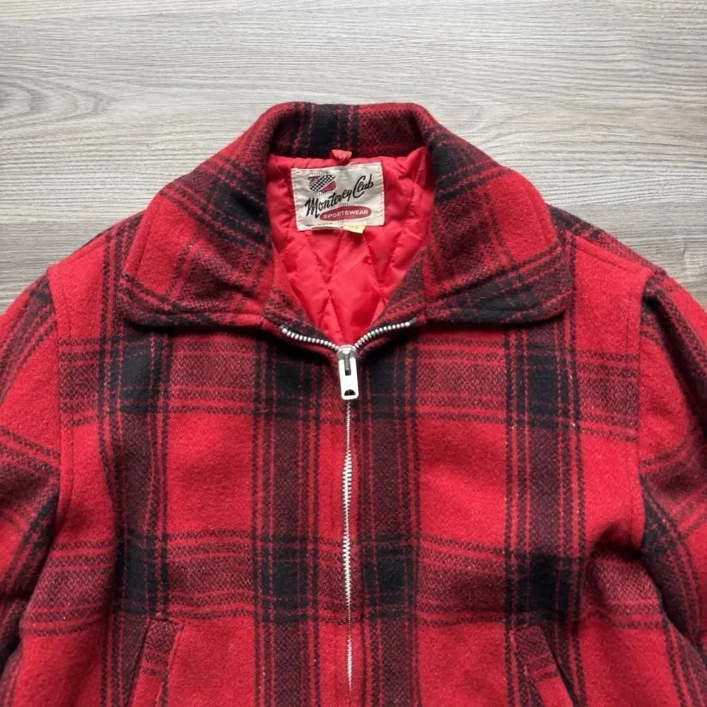 VTG 70s Monterey Club Sportswear Red Plaid Wool Jacket Hunting Quilt Lined 42